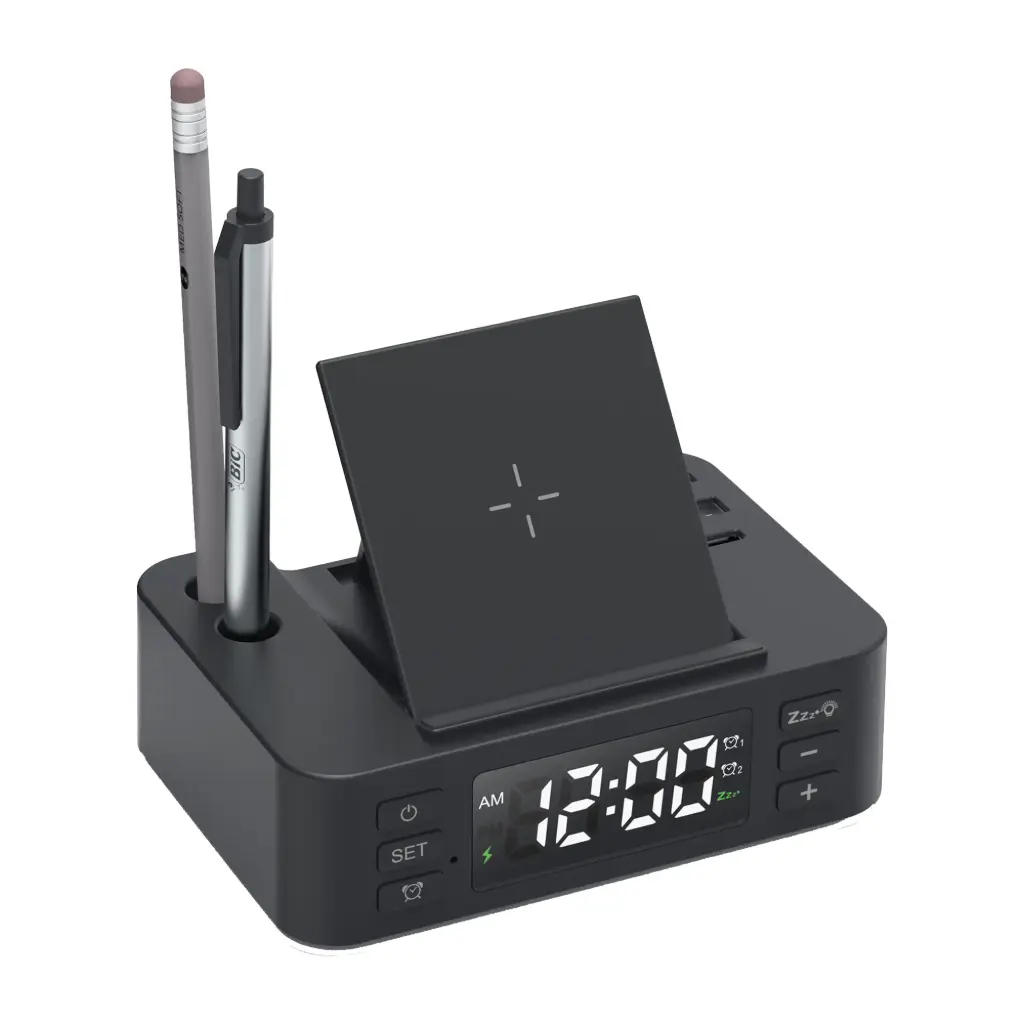 SBT50 - 15w wireless charger with pen holder and clock- BLACK