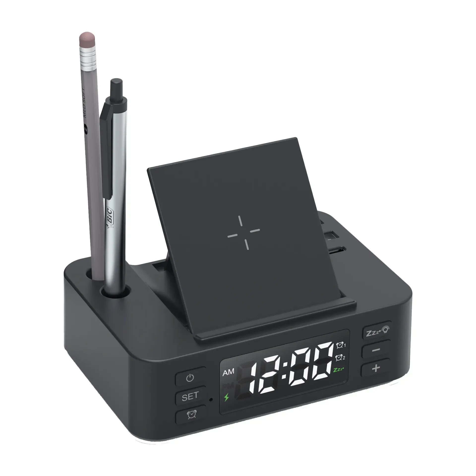 SBT51 - 15w wireless charger with pen holder and clock- white 