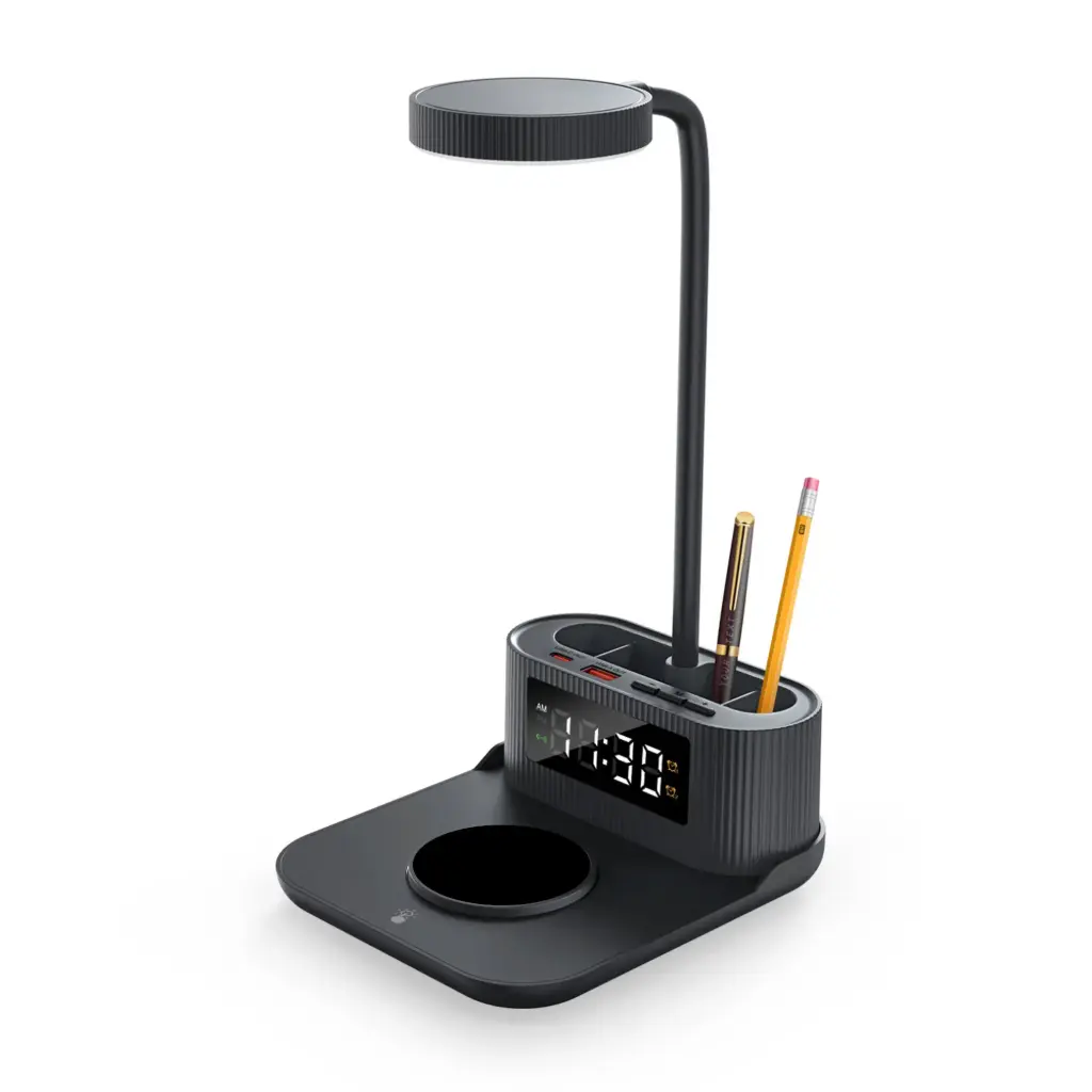SCW55 - lamp 15w wireless charger with pen holder and clock -black